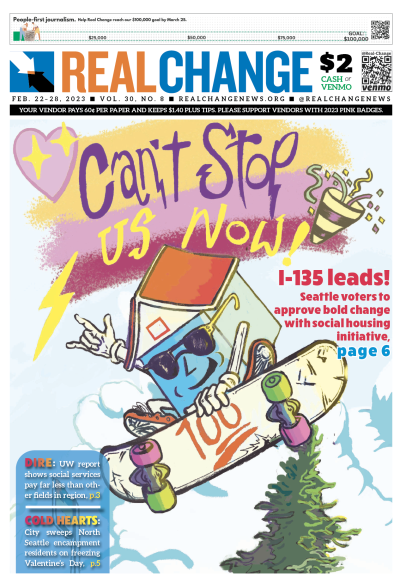 Drawing of Housey figure, in sunglasses, riding skateboard with one hand aloft flashing victory sign, beneath headline, "Can't Stop Us Now"