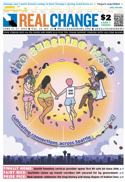 Drawing of people holding hands in a circle around a golden orb, under headline, "The Sunshine Issue"