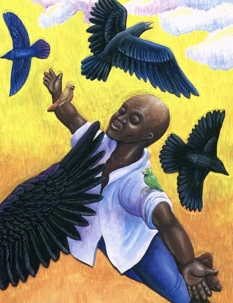 Cover illustration for "The Foot Warmer and the Crow," acrylic on wood, 1994