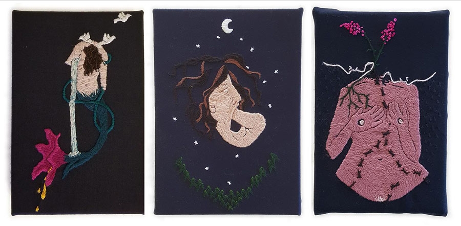 From left, “She Was Her Dreams,” embroidery on wool, 2018;  “She Made Herself Disappear,” embroidery on wool, 2016;  “She Leaked but She Contained Everything,” embroidery on wool, 2015.
