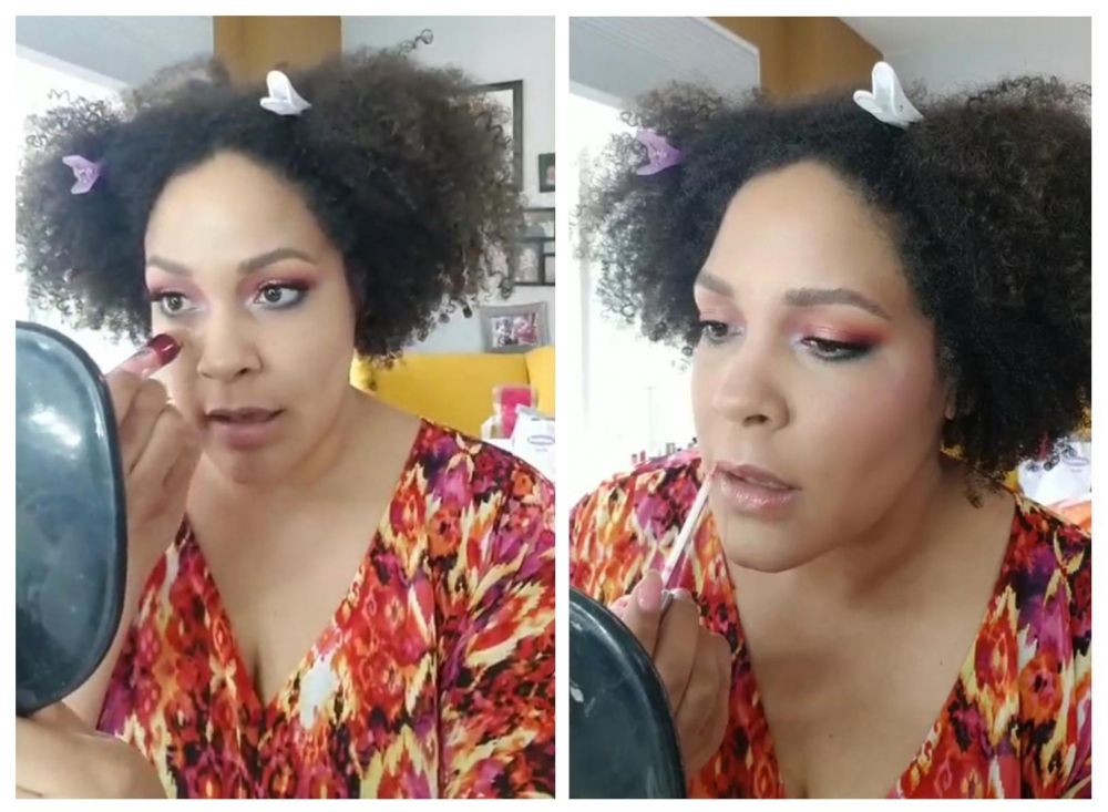 A screenshot from a June 5 Facebook live video of Oluo showing how she's applying makeup.
