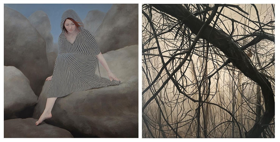 From left, "Formae (Lithos)" by Judy Nimtz, 2018, oil on panel 48" x 48" ; "Skyuka in the Fog" by Kimberly Clark, 2018, oil on canvas 26" x 26"