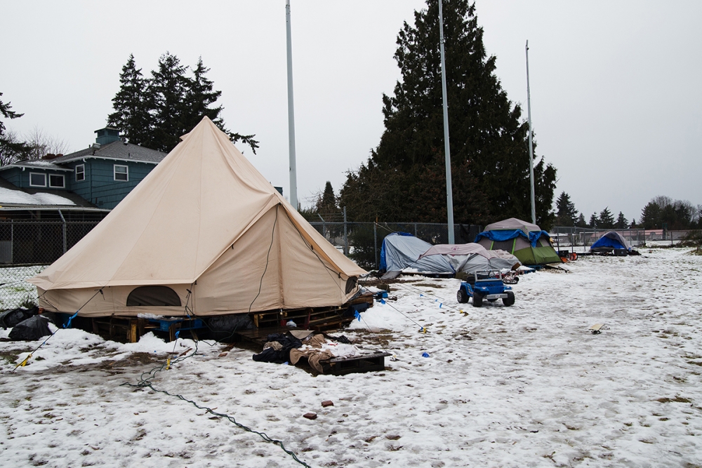 Riverton Park United Methodist Church currently hosts small houses and tent encampments for the homeless. Photo by Matthew S. Browning
