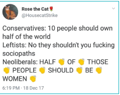 Tweet from Rose the Cat making fun of "neoliberal" feminism