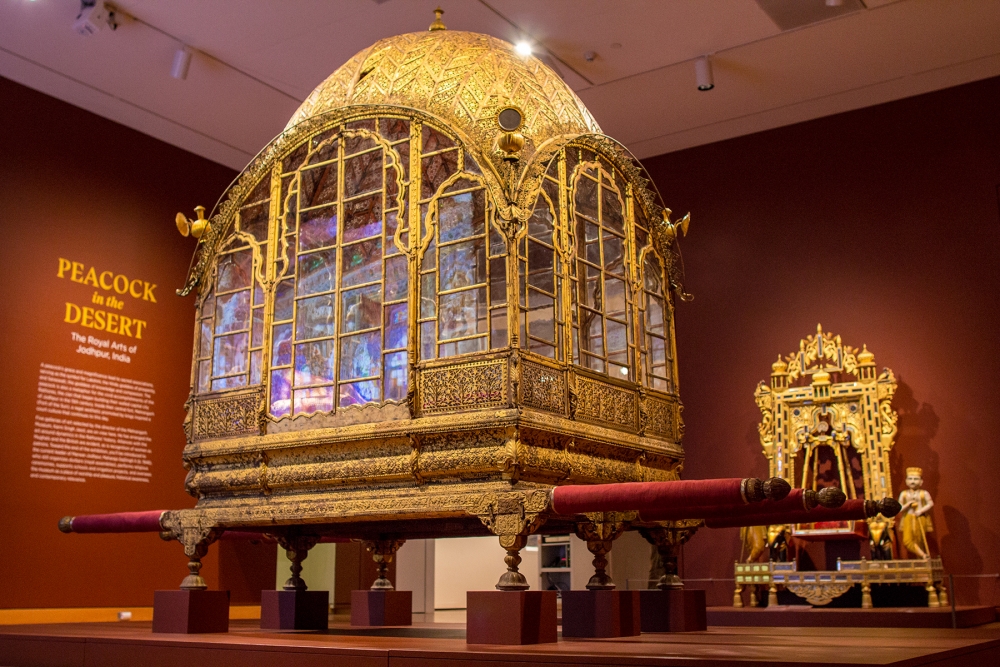 Mahadol (Palanquin), ca. 1700–30, Gujarat, gilded wood, glass, copper and ferrous alloy, 100 ³/8 × 143 ¾ × 57 ¹/8 in., Mehrangarh Museum Trust. Photo by Natali Wiseman