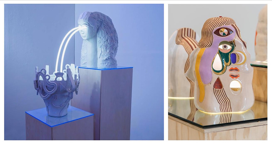 From left: "Tears of Inanna" by Jessie Rose Vala, 2018, stoneware, epoxy, neon; "Android Head K" by Emily Counts, 2018, stoneware, stained glass, two-way mirror, epoxy clay, electrical components and lighting. Photos courtesy SOIL gallery.