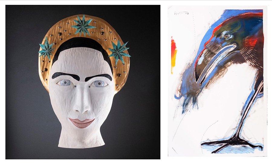From left: “Moonscapes” by Drew Michael (Inupiaq/Yup’ik) 2019, basswood, acrylic, nail heads, patinated metal; "Big Foot III" by Rick Bartow (Wiyot Nation), pastel, graphite, charcoal on paper, 2013. Photos courtesy of Stonington Gallery.