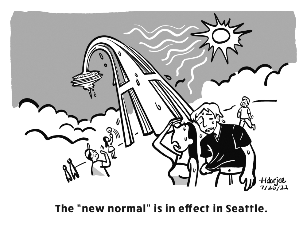 The comic "Ten Times Ten" by Tenzig Dorjee, depicting the Space Needle wilting in Seattle's heatwave.