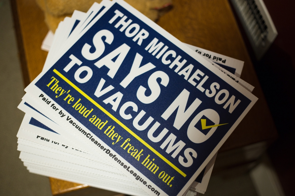 Thor Michaelson’s owners have made political signs for the race. Photo by Matthew S. Browning