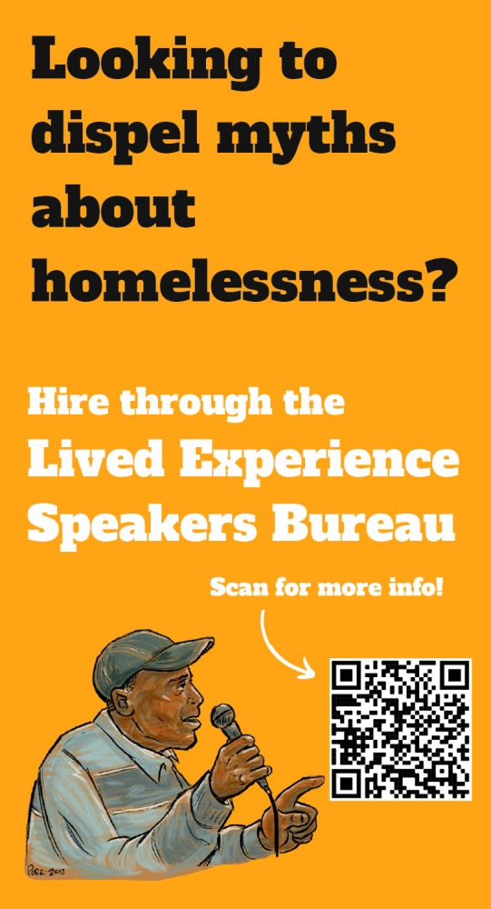 Hire a speaker through Real Change's Lived Experience Speakers Bureau to learn and hear directly from people impacted by the housing crisis. Scan the QR code to learn more.