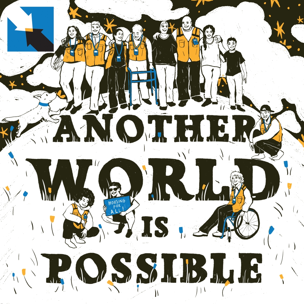 Real Change sticker that reads "Another world is possible" designed by Gabi Gonzalez-Yoxtheimer.