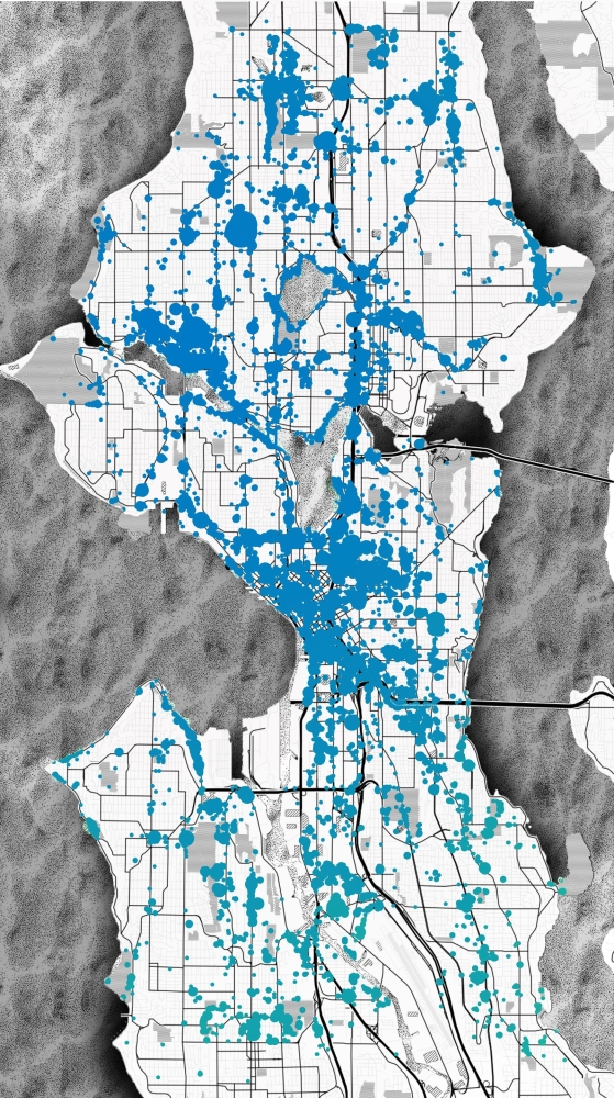 A map of Seattle with overlaid dots indicating the volume of encampment-related complaints in various areas.