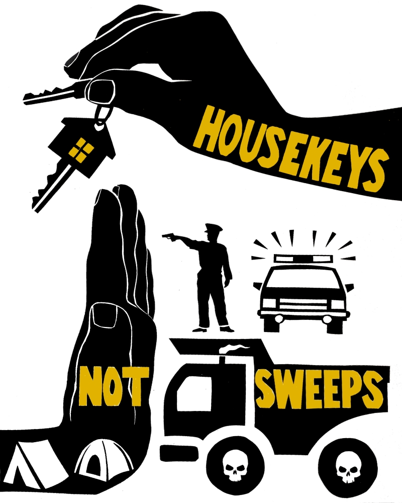 Cut-out style art in black, yellow, and white showing one hand holding a house key, while another hand, below, is held up to say "no" to an image of a cop with a gun and a dump truck blazoned with the word, "Sweeps."