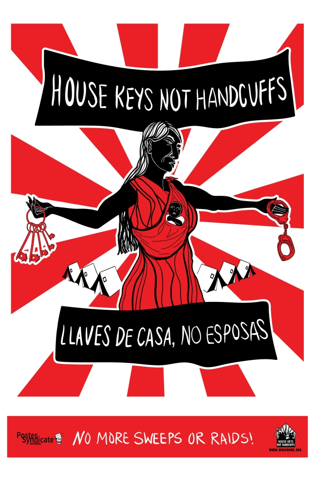 Red and white poster shows female figure with baby in a sling, holding handcuffs in one hand and bunch of keys in the other. Legend, "Housekeys Not Handcuffs," appears in English on top of image and in Spanish below.