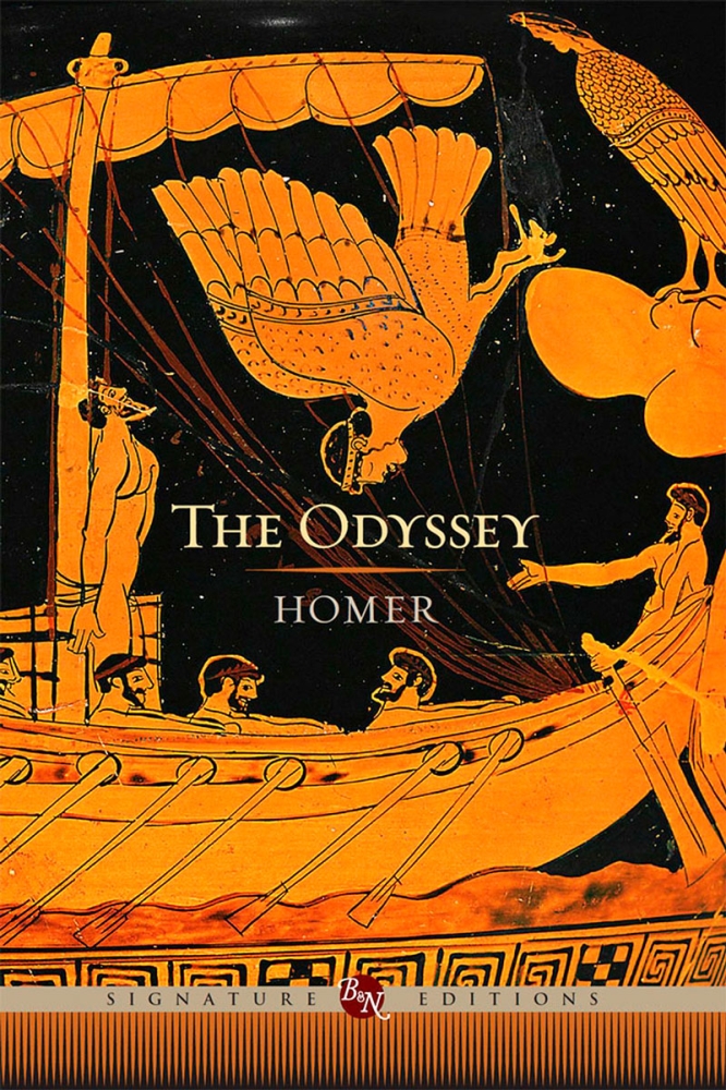 Signature Editions cover of Homer's 'Odyssey,' showing stylized drawing of orange figures in boat with oars, against black background