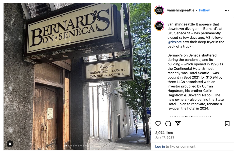 A July 2023 Instagram post by Vanishing Seattle commemorating the closing of Bernard's on Seneca, which had been operating since the 1970s.