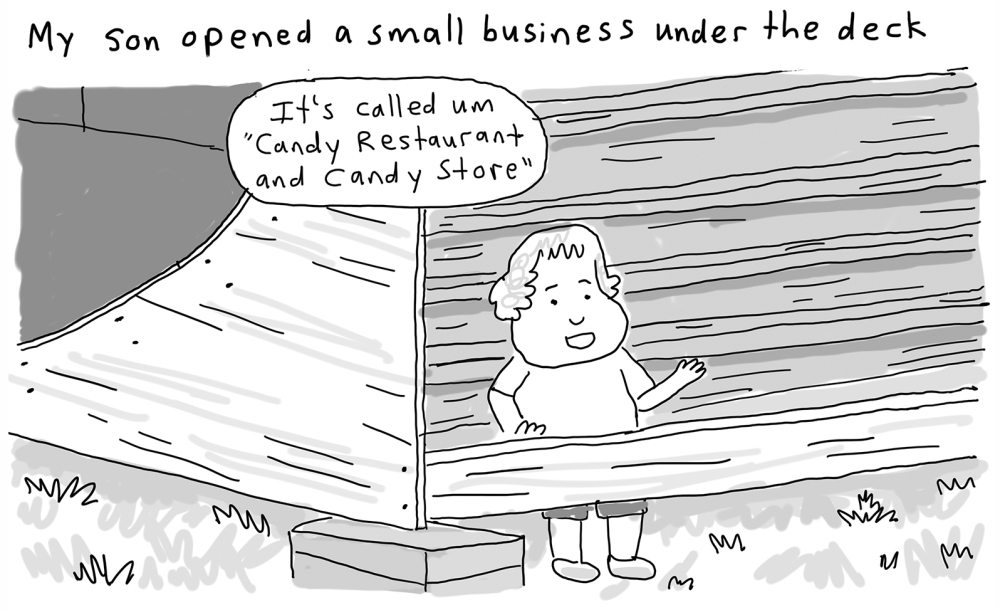 Drawing of child standing under skate ramp, with word balloon reading, "It's called, um, Candy Restaurant and Candy Store."