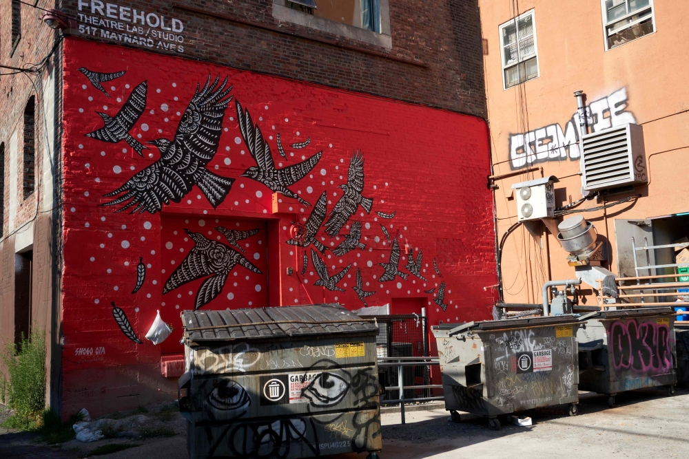 Photograph of a red wall covered with image of flying birds, in an alley lined with graffiti-decorated dumpsters
