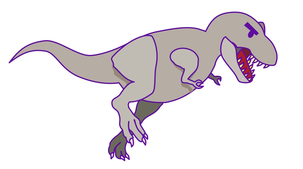 Cartoon drawing of gray dinosaur with purple outline and fierce look on its face