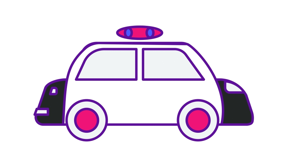 Cartoon drawing in pink and purple of police car