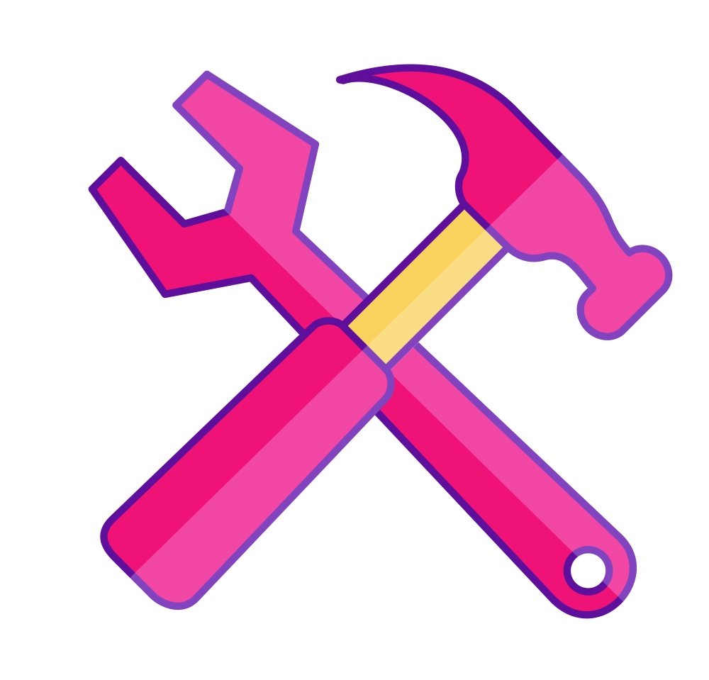 Cartoon drawing of pink hammer and wrench crossed on top of each other