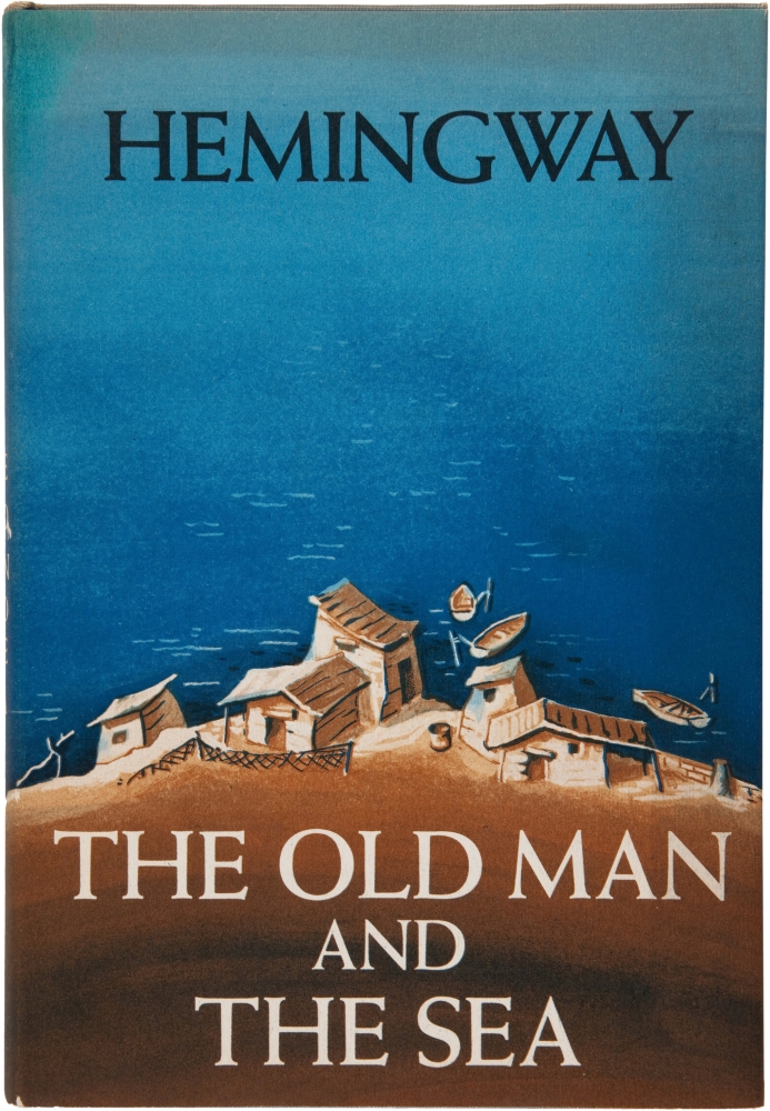 Cover of 'The Old Man and the Sea,' showing fishing village in light-brown tones next to vast blue sea