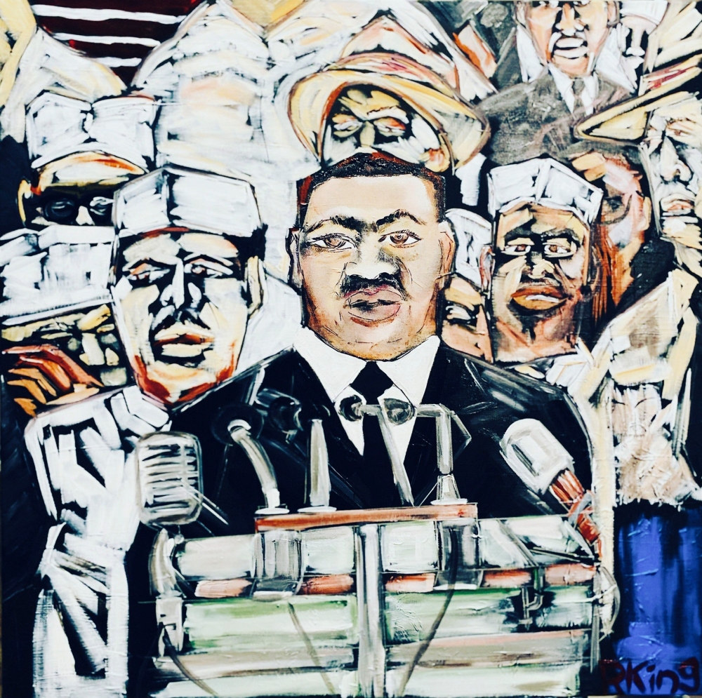 Painting showing Martin Luther King, Jr., standing at podium backed by other Black leaders