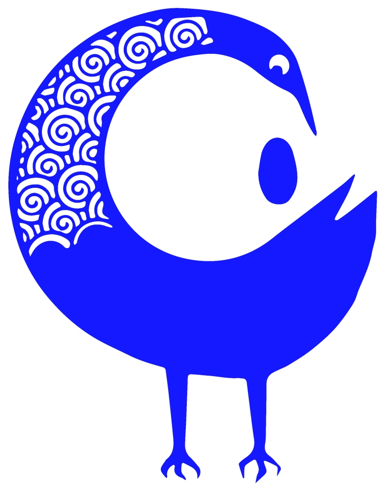 A royal blue and white illustration of a Sankofa bird, curled into a C shape around the small figure of an egg, with a swirl pattern on its neck.
