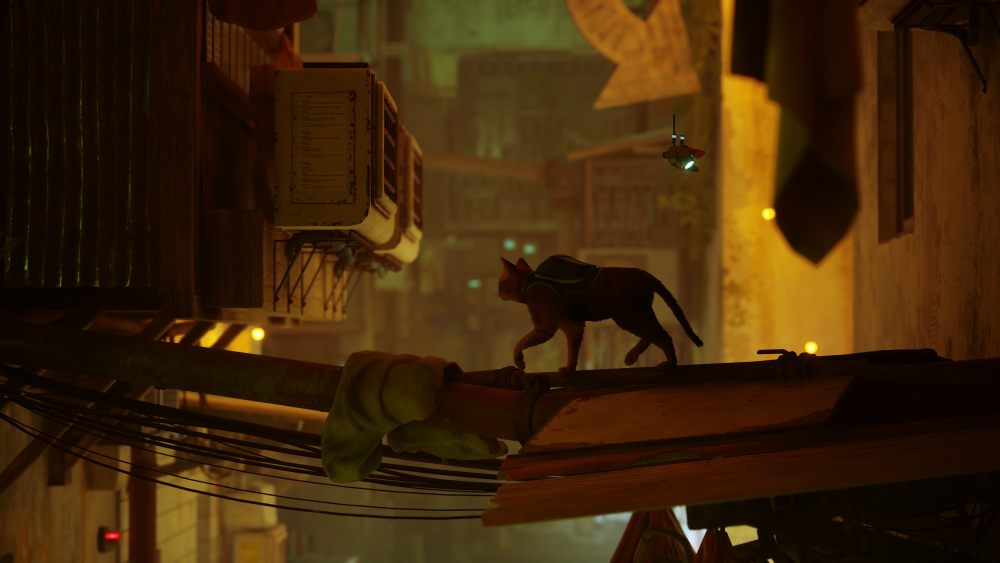 The player cat balances among air conditioners, balconies and pipes.