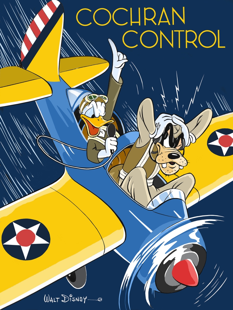 Comic-book style painting, titled "Cochran Control," showing Donald Duck and Goofy in cockpit of yellow fighter plane