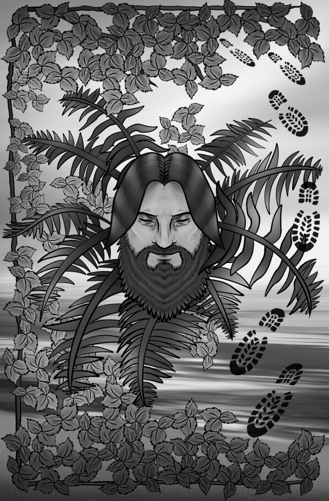 An illustration of a bearded man in the center of a kaleidoscope of foliage.