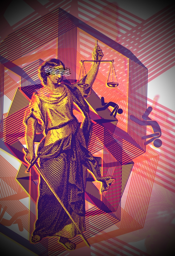 Pixelated-style drawing showing young-woman Lady Justice figure holding scales in one hand and sword in the other
