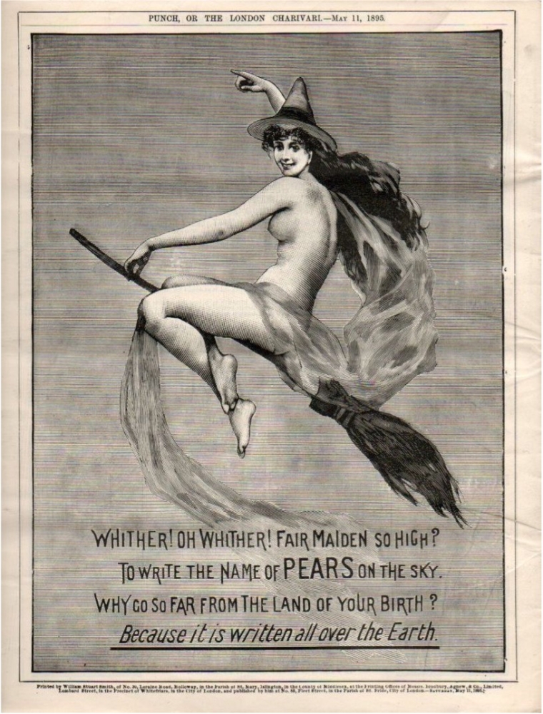 Old-fashioned lithograph showing naked woman, seen from the side, wearing a witch's peaked hat and riding a broomstick